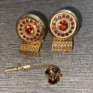 Vintage 70s Prong Set Amber Glass Cuff links & Tie tack